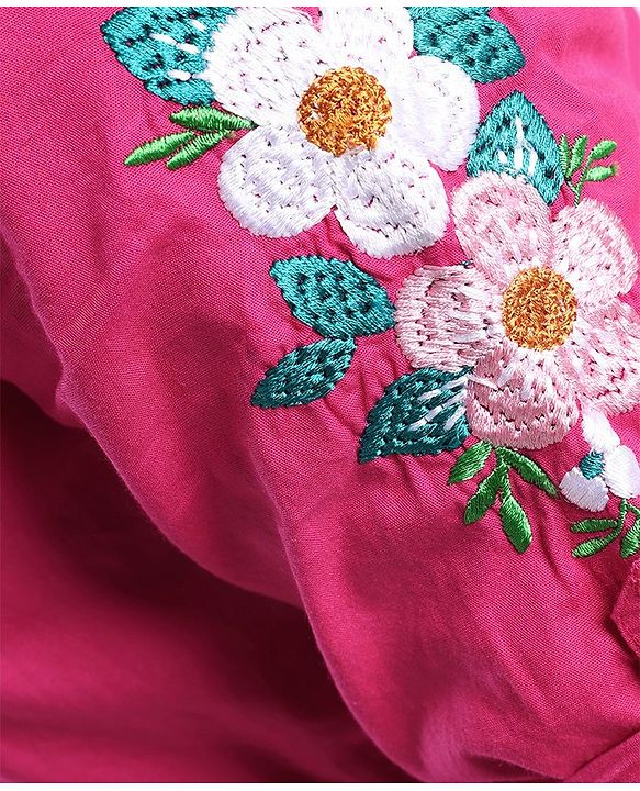 Pine Kids Cotton Full Sleeves Solid Color Embroidered Frock - Pink