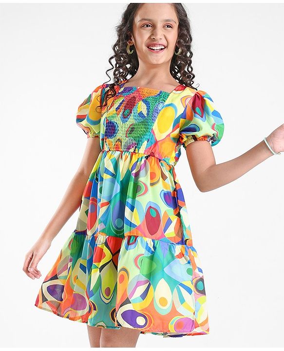 Pine Kids 100% Viscose Half Sleeves Dress Abstract Print- Green Blue & Orange