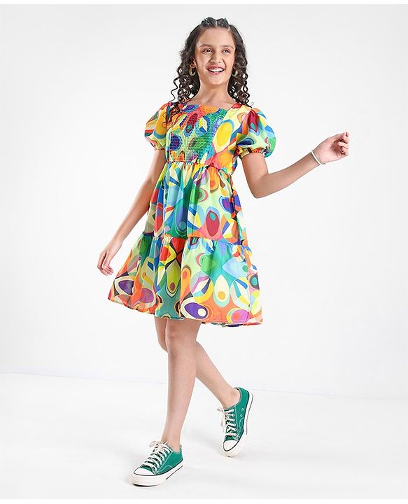 Pine Kids 100% Viscose Half Sleeves Dress Abstract Print- Green Blue & Orange