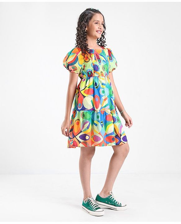 Pine Kids 100% Viscose Half Sleeves Dress Abstract Print- Green Blue & Orange