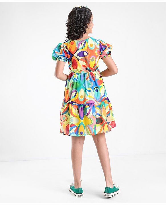 Pine Kids 100% Viscose Half Sleeves Dress Abstract Print- Green Blue & Orange