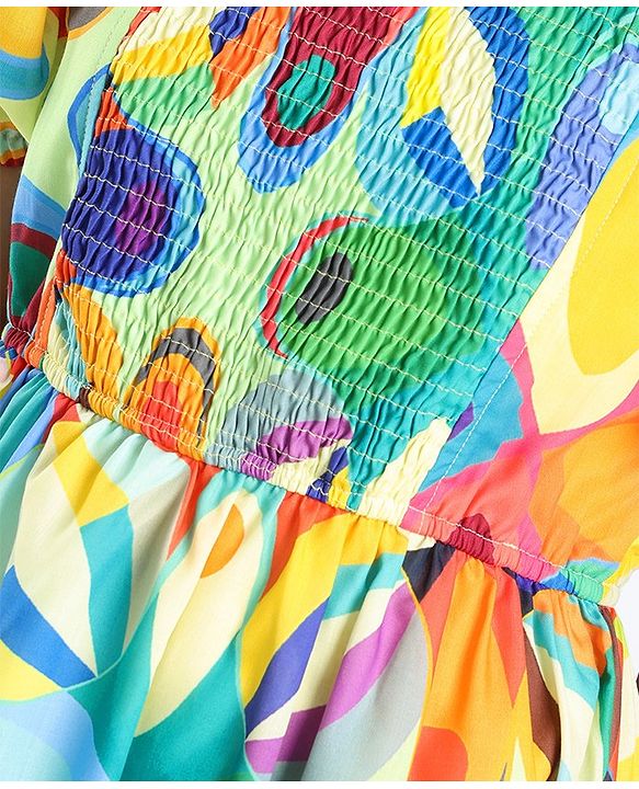 Pine Kids 100% Viscose Half Sleeves Dress Abstract Print- Green Blue & Orange