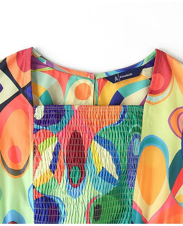 Pine Kids 100% Viscose Half Sleeves Dress Abstract Print- Green Blue & Orange
