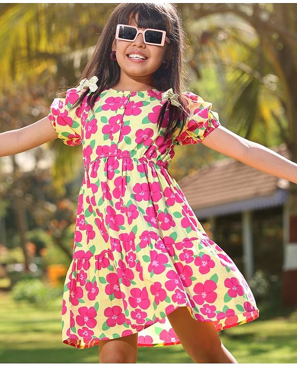 Pine Kids 100% Cotton Puff Half Sleeves Frock Floral Print- Pink & Yellow