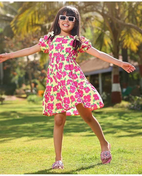 Pine Kids 100% Cotton Puff Half Sleeves Frock Floral Print- Pink & Yellow