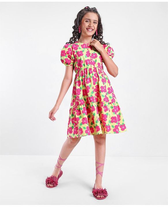 Pine Kids 100% Cotton Puff Half Sleeves Frock Floral Print- Pink & Yellow