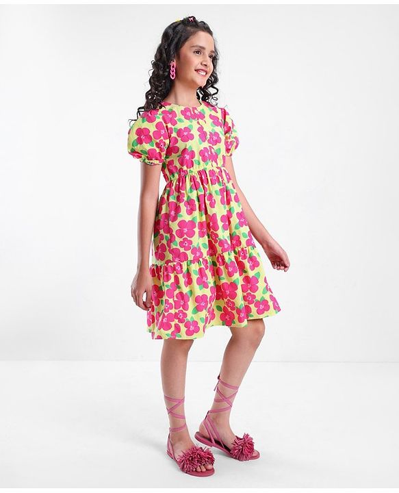 Pine Kids 100% Cotton Puff Half Sleeves Frock Floral Print- Pink & Yellow