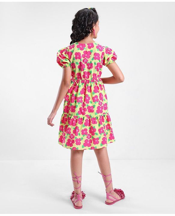 Pine Kids 100% Cotton Puff Half Sleeves Frock Floral Print- Pink & Yellow