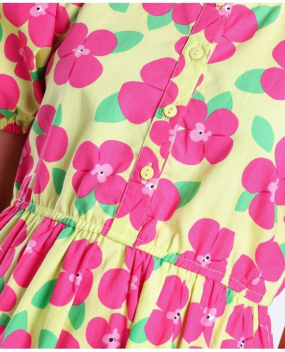 Pine Kids 100% Cotton Puff Half Sleeves Frock Floral Print- Pink & Yellow