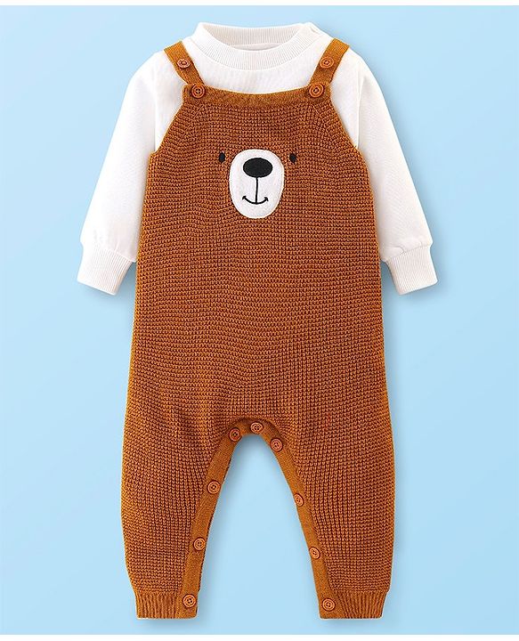Babyhug Knitted Winter Wear Dungaree Style Romper Teddy Applique - Brown & White