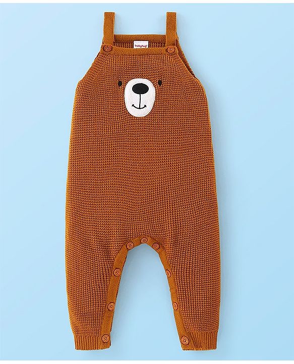 Babyhug Knitted Winter Wear Dungaree Style Romper Teddy Applique - Brown & White