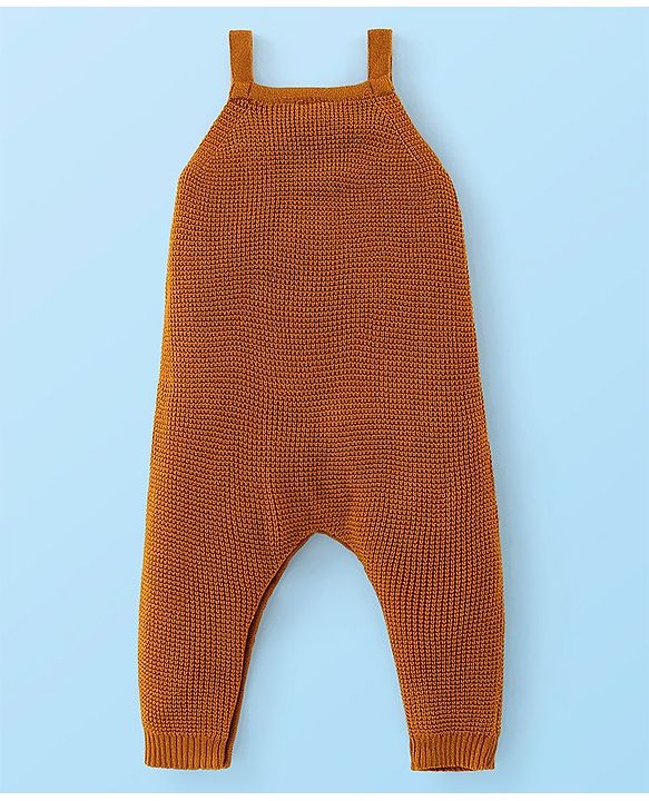 Babyhug Knitted Winter Wear Dungaree Style Romper Teddy Applique - Brown & White