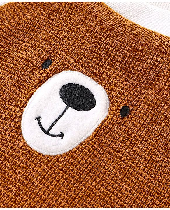Babyhug Knitted Winter Wear Dungaree Style Romper Teddy Applique - Brown & White