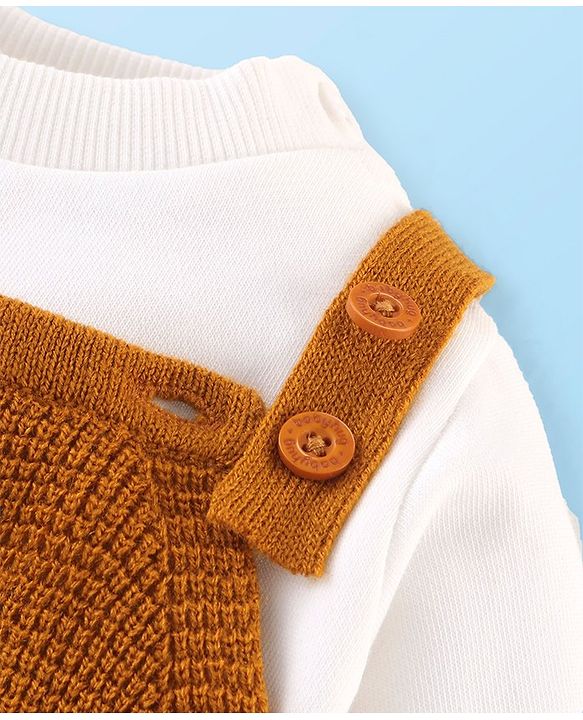 Babyhug Knitted Winter Wear Dungaree Style Romper Teddy Applique - Brown & White