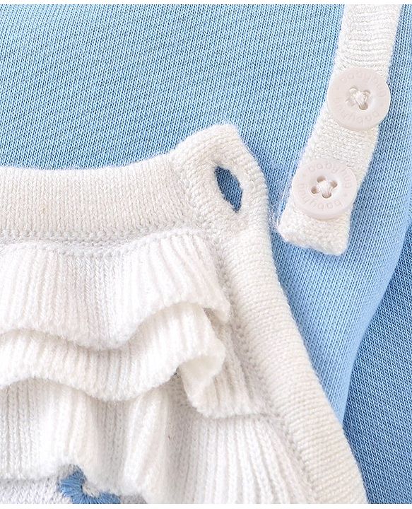 Babyhug Knitted Winter Wear Dungaree Style Romper Floral Embroidery - Blue & White