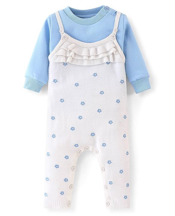 Babyhug Knitted Winter Wear Dungaree Style Romper Floral Embroidery - Blue & White
