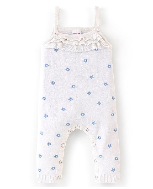 Babyhug Knitted Winter Wear Dungaree Style Romper Floral Embroidery - Blue & White