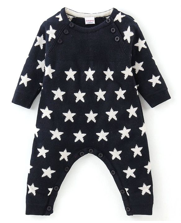 Babyhug Knit Full Sleeves Winter Wear Star Printed Romper - Navy Blue