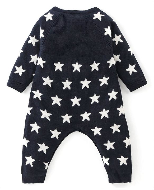 Babyhug Knit Full Sleeves Winter Wear Star Printed Romper - Navy Blue