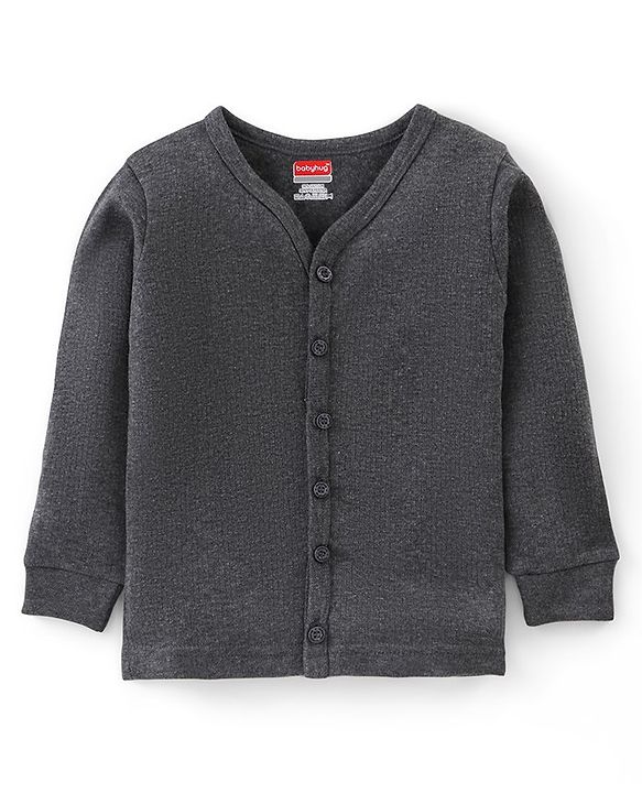 Babyhug Thermal Full Sleeves Solid Front Open Vest - Dark Grey
