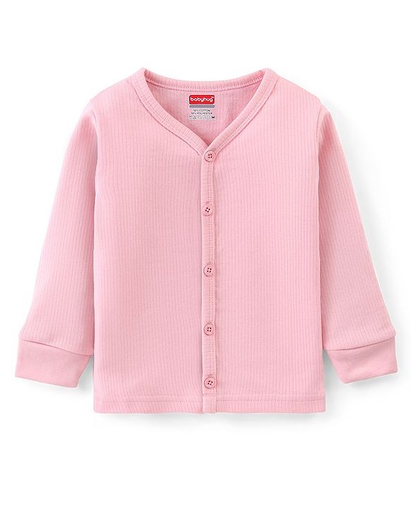 Babyhug Thermal Full Sleeves Solid Front Open Vest - Pink