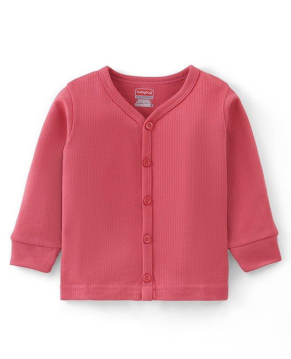 Babyhug Thermal Full Sleeves Solid Front Open Vest - Coral