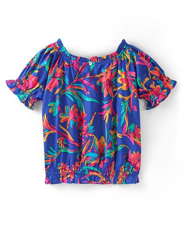 Pine Kids 100% Cotton Woven Half Sleeves Elasticated Neck Floral Print Top - Blue