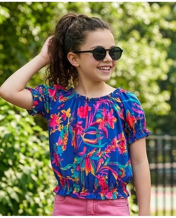 Pine Kids 100% Cotton Woven Half Sleeves Elasticated Neck Floral Print Top - Blue