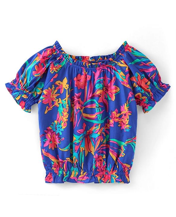 Pine Kids 100% Cotton Woven Half Sleeves Elasticated Neck Floral Print Top - Blue