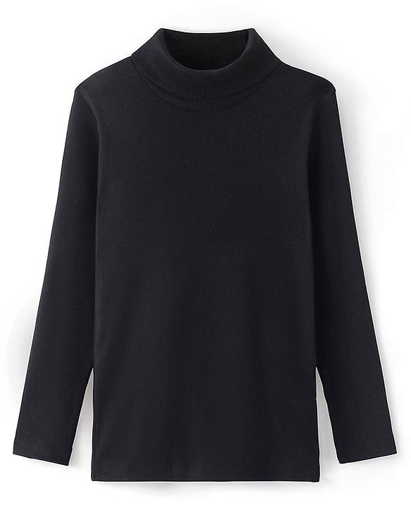 Pine Kids 100% Cotton Full Sleeves Turtle Neck Textured Skivi T-Shirt Solid Color - Black