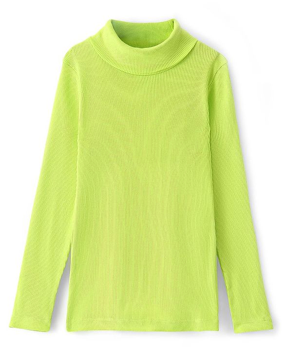 Pine Kids 100% Cotton Full Sleeves Turtle Neck Textured Skivi Solid T-Shirt- Green