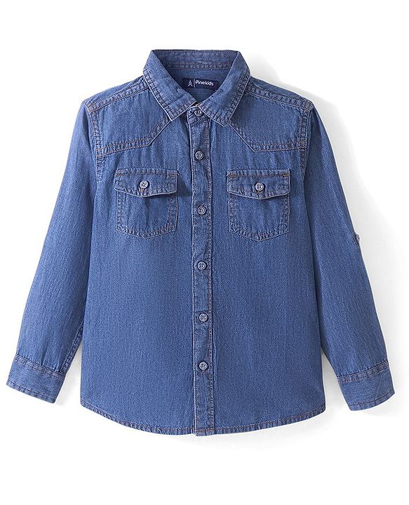 Pine Kids 100% Cotton Full Sleeves Denim Washed Shirt - Blue