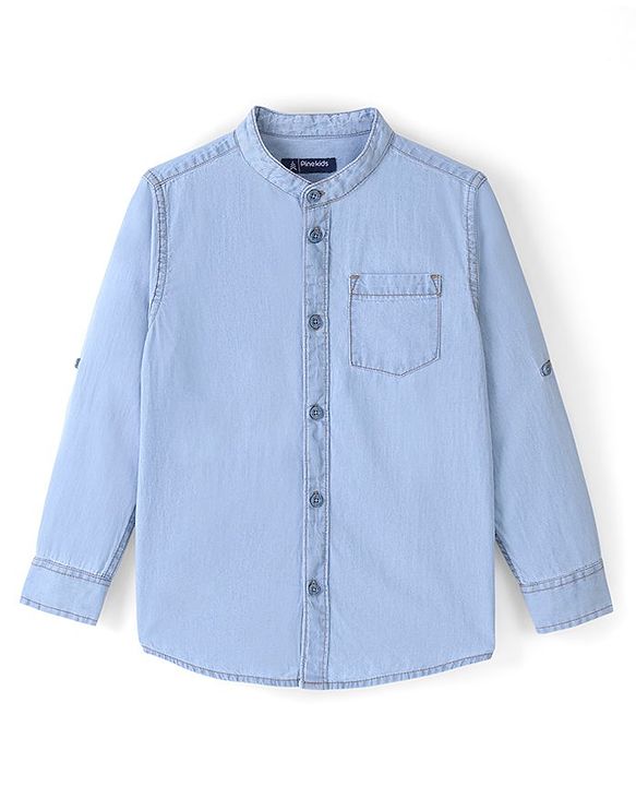 Pine Kids 100% Cotton Full Sleeves Denim Shirts - MId Blue