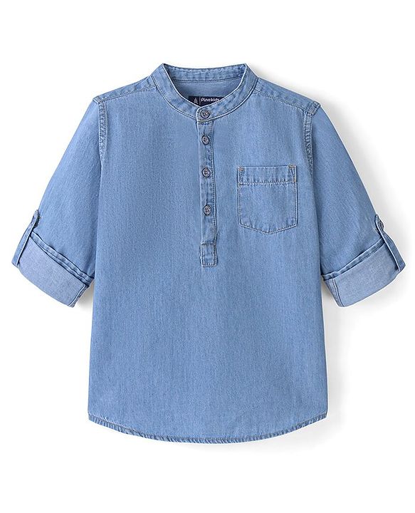 Pine Kids 100% Cotton Full Sleeves Denim Kurta Shirt - Blue