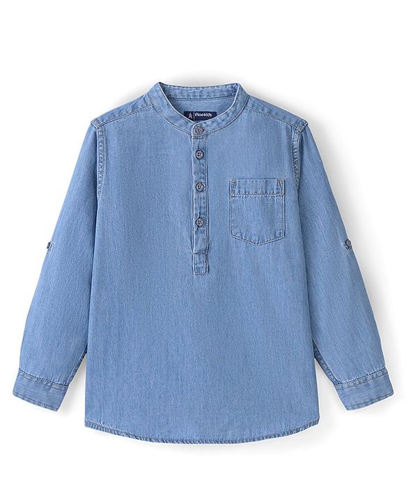 Pine Kids 100% Cotton Full Sleeves Denim Kurta Shirt - Blue
