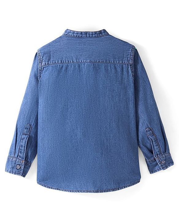 Pine Kids Denim Full Sleeves Washed Shirt With Mandarin Collar- Mid Blue