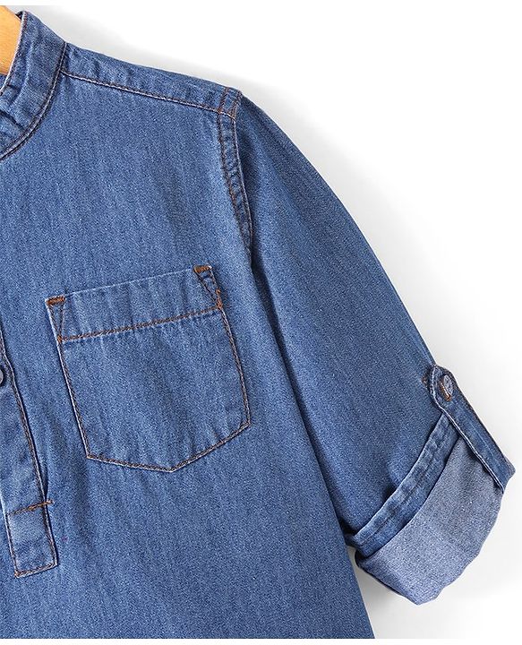 Pine Kids Denim Full Sleeves Washed Shirt With Mandarin Collar- Mid Blue