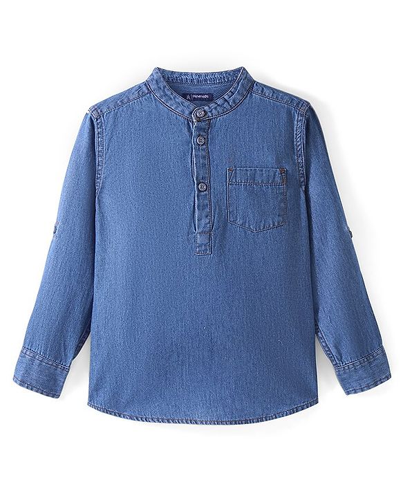 Pine Kids Denim Full Sleeves Washed Shirt With Mandarin Collar- Mid Blue