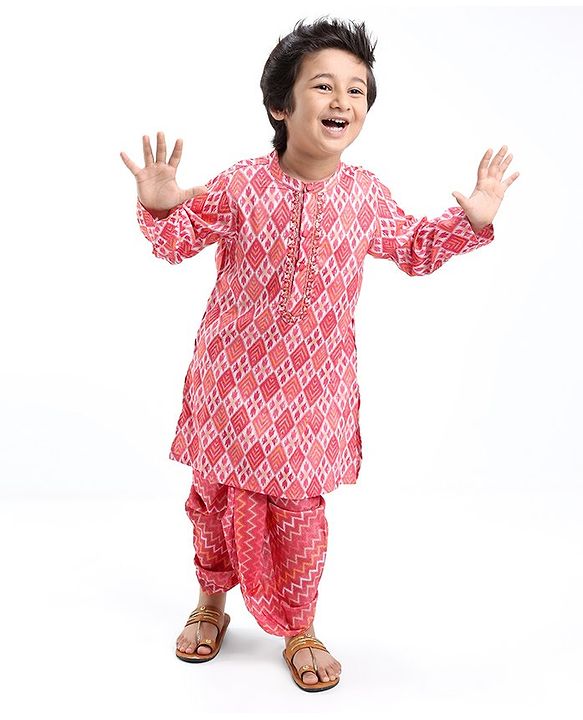 Babyhug 100% Cotton Full Sleeves Printed Kurta & Dhoti Set With Embroidery- Coral