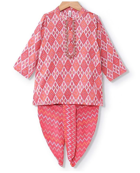 Babyhug 100% Cotton Full Sleeves Printed Kurta & Dhoti Set With Embroidery- Coral