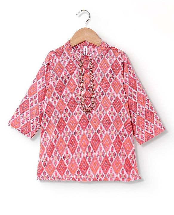 Babyhug 100% Cotton Full Sleeves Printed Kurta & Dhoti Set With Embroidery- Coral