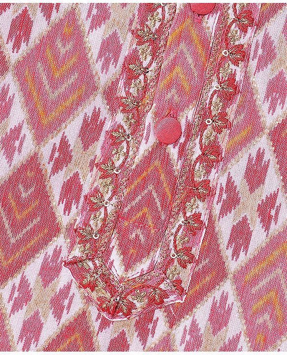 Babyhug 100% Cotton Full Sleeves Printed Kurta & Dhoti Set With Embroidery- Coral