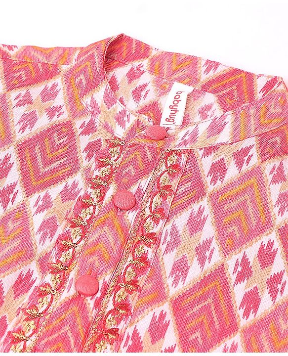 Babyhug 100% Cotton Full Sleeves Printed Kurta & Dhoti Set With Embroidery- Coral