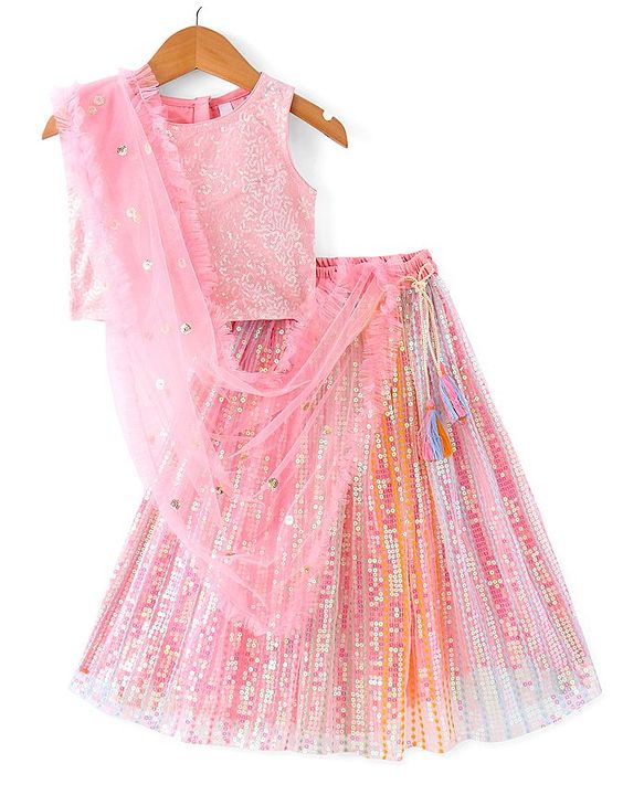 Babyhug Sleeveless Sequined Embroidered Choli Lehenga and Dupatta Set - Pink & White