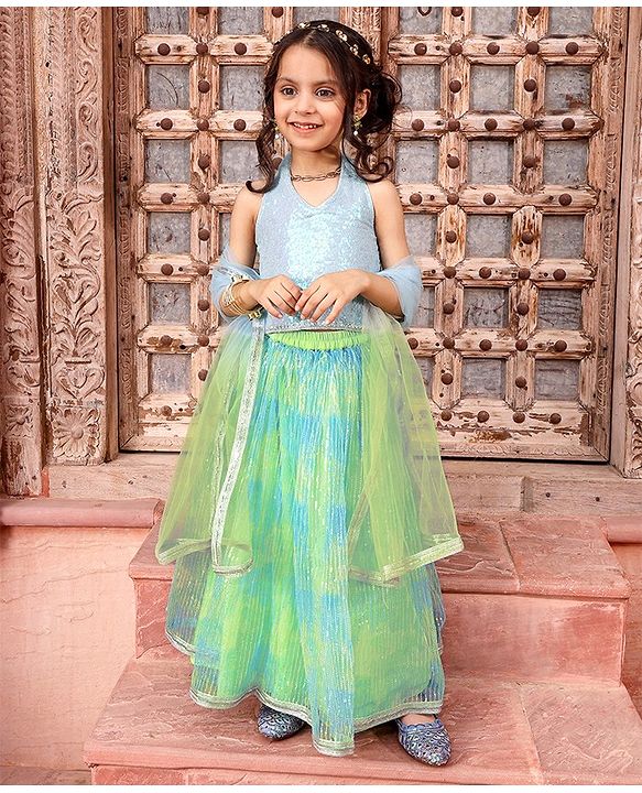 Babyhug Sleeveless Choli With Lehenga And Dupatta Set Sequenced Embroidered - Aqua Green