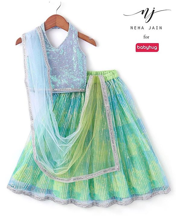 Babyhug Sleeveless Choli With Lehenga And Dupatta Set Sequenced Embroidered - Aqua Green