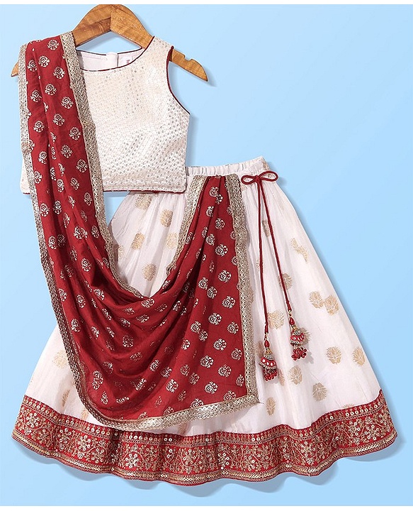 Babyhug Sleeveless Sequenced Choli With Brocade Printed Lehenga And Dupatta- Red & Off White