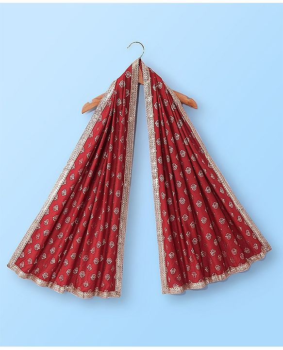 Babyhug Sleeveless Sequenced Choli With Brocade Printed Lehenga And Dupatta- Red & Off White