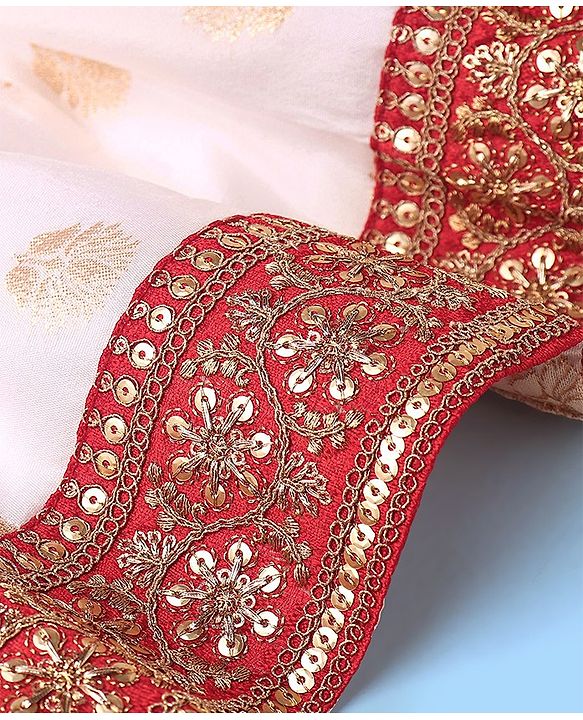 Babyhug Sleeveless Sequenced Choli With Brocade Printed Lehenga And Dupatta- Red & Off White