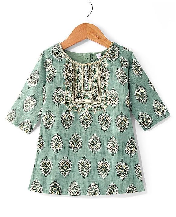 Babyhug Three Fourth Sleeves Rayon Printed Kurta And Pant with Sequenced Dupatta Embroidered Design - Green